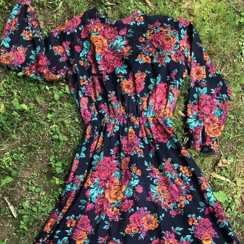 Vtg Boho Floral Maxi Dress Sleeves Pads 80s 90s Buttons Elastic Waist Grunge